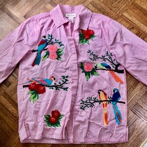 Bechamel Pink and White Striped Button-Up Parrot Shirt
